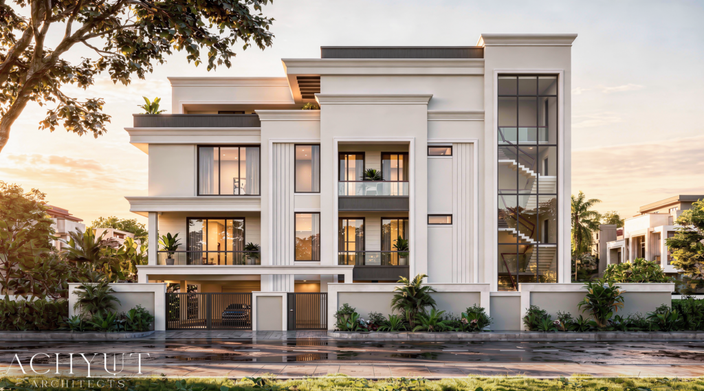 Modern classical residence with timeless architectural detailing, large windows, landscaped frontage and warm interior lighting by Achyut Architects