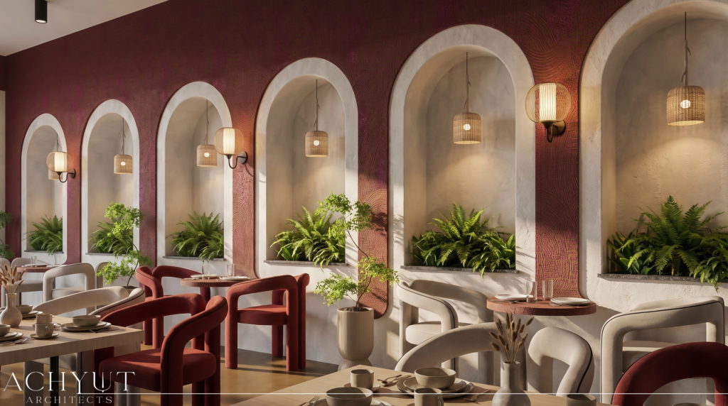 The Brew Room café seating area with arched wall niches, pendant lighting and indoor plants by Achyut Architects