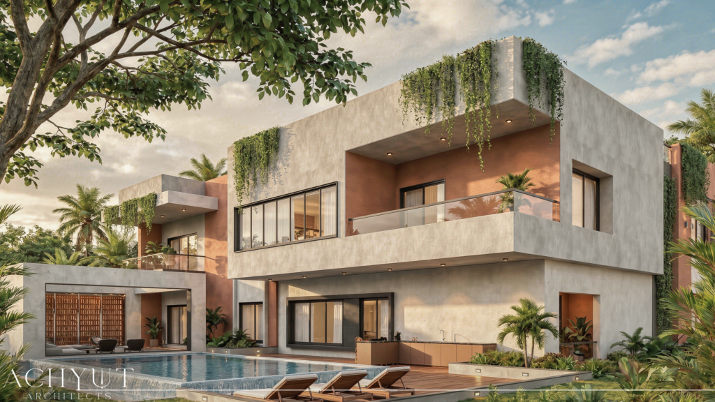 Contemporary residential villa with a swimming pool, landscaped garden and exposed concrete façade designed by Achyut Architects